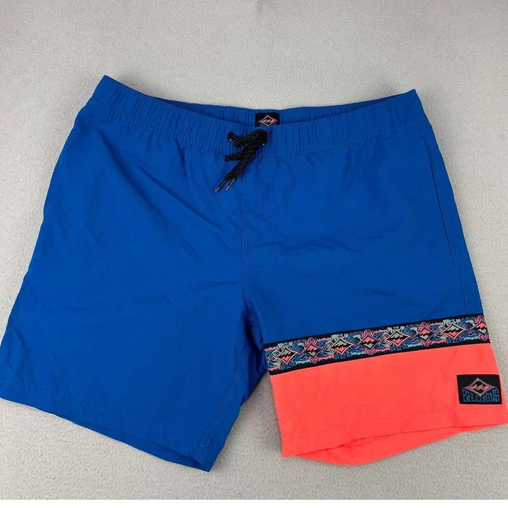 Billabong Board Shorts Mens Large Blue Orange Colorblock Swim Trunks Nylon Retro